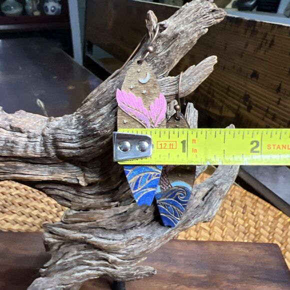 Surfboard Mermaid Earrings wood dangle  Laser Engraved Ocean Moon - Picture 4 of 4